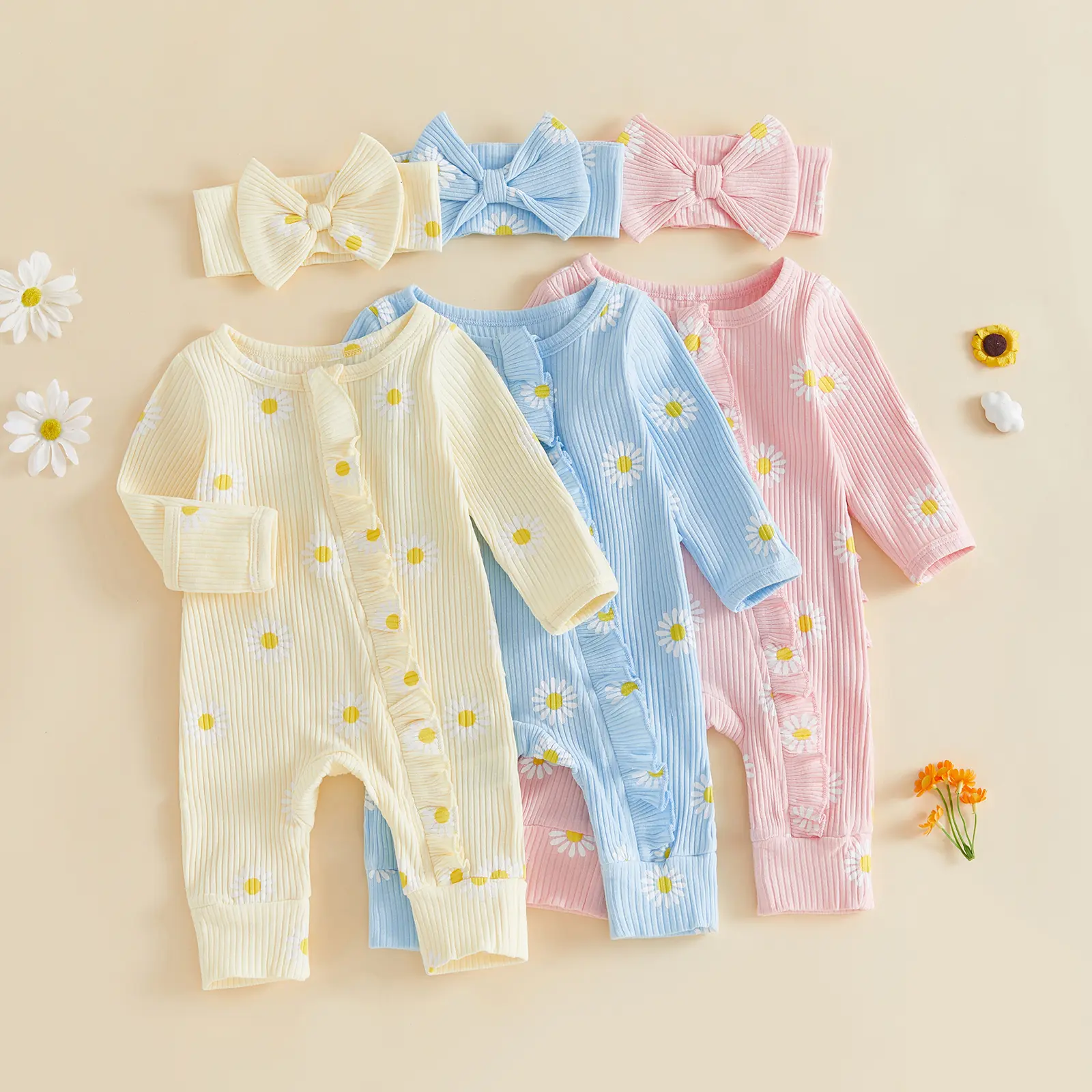 Newborn Baby Girl Outfits Long Sleeve Romper Daisy Print Jumpsuit with Headband Set Fall Winter 0-6 Months