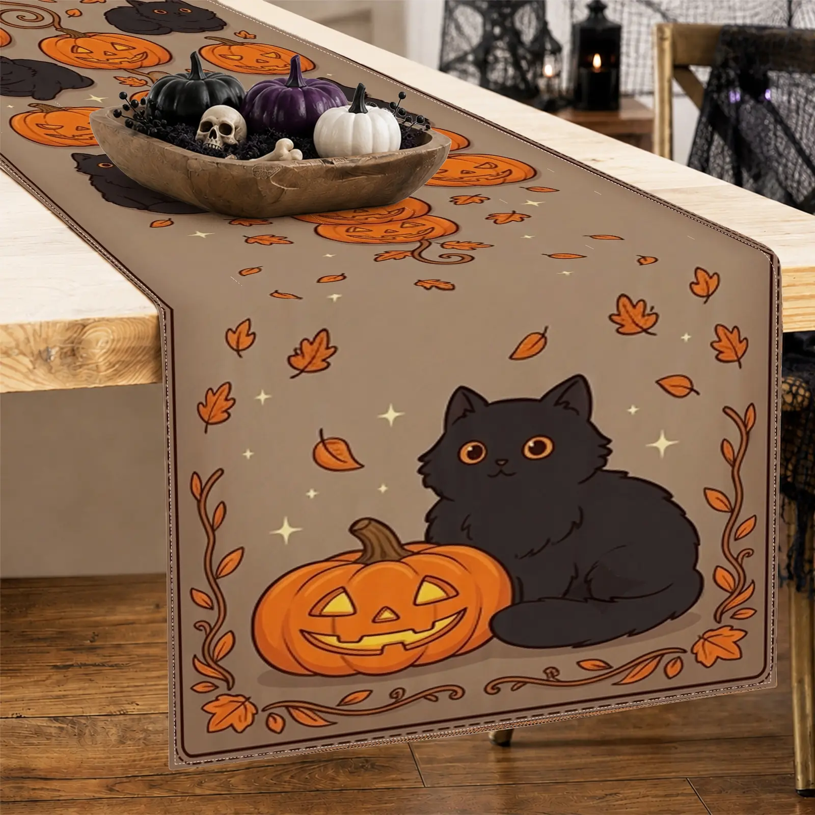 1pc Black Cat Pumpkin Fall Table Runner, Cute Halloween Style, Printed Pattern with Autumn Leaves, for Dining Table Halloween Party Home Decor Seasonal Table Decor