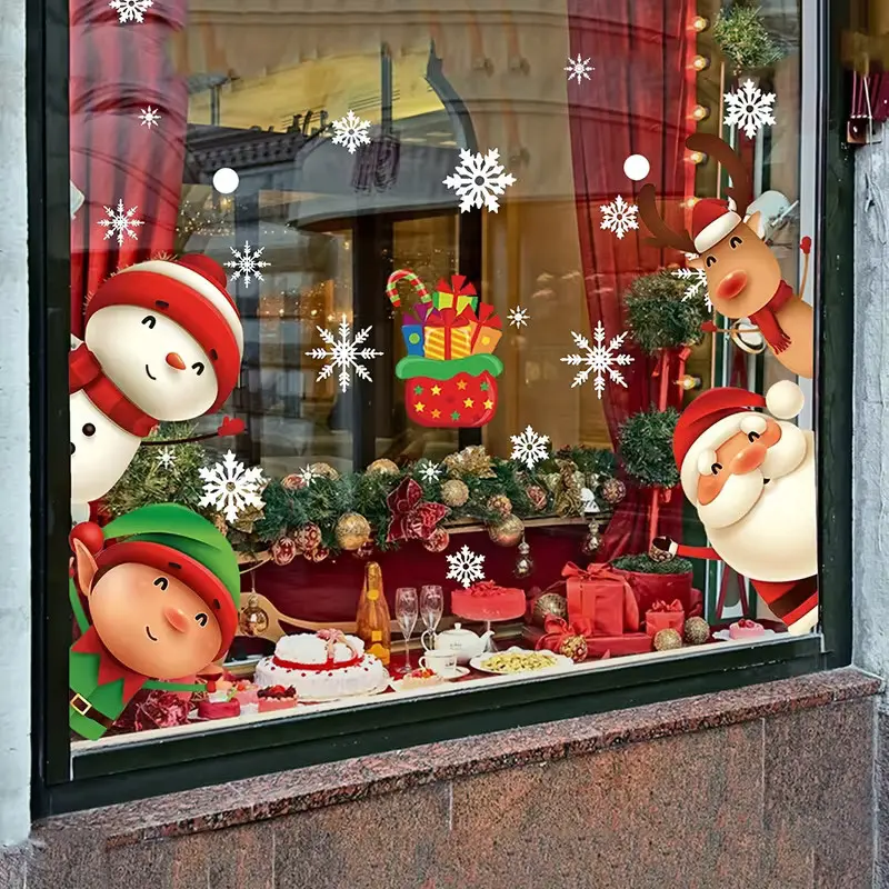 Christmas Window Stickers, Santa Claus, Reindeer, Snowman, Snowflake Patterns, Double-Sided PVC Glass Decals, Indoor Outdoor Use, No Residue, Festive Decorations