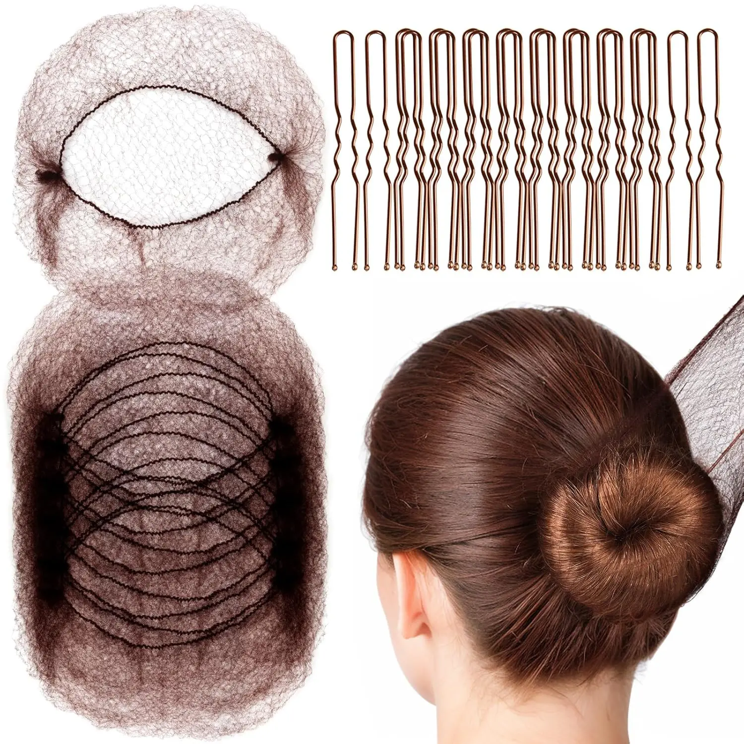 Hair Accessories Set: 20PCS Mesh Hair Nets Invisible and 40PCS U Shaped Hair Pins for Women, Girls, Ballet Bun Maker & Dance (Hair Nets- 20 inch(50cm), Hair Pins- 2.4 inch(6cm)), Brown