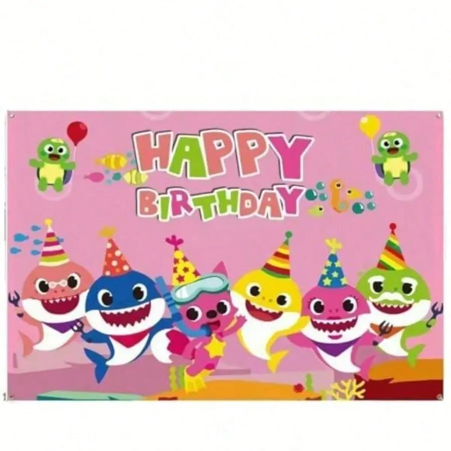 TYUI Baby Birthday Party Shark Background  Inches Blue Cartoon Ocean Photo Background For Baby Gifting Party Decoration Shark Decorations And Party Supplies (Pink) (Pink)