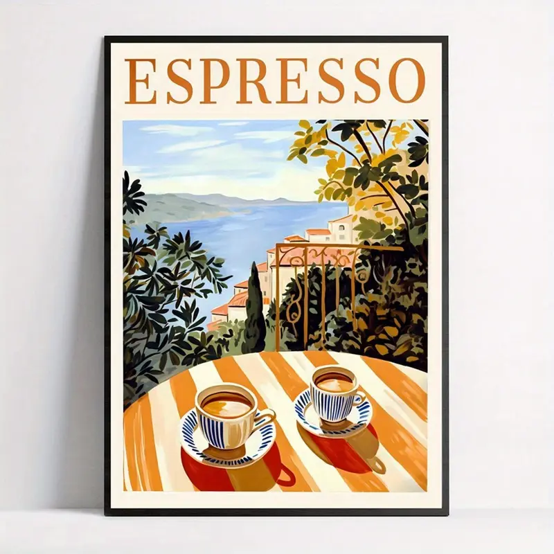 Vintage Italian Espresso Coffee Art Print Poster - Lightweight Unframed Canvas Wall Hanging, Ink Medium Modern Art Deco Artwork, Artistic Mediterranean Scenery with Typography for Home Office, Kitchen - Coffee Bar Decor, Gift Option