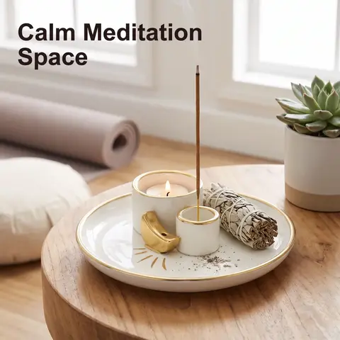5 in 1 Ceramic Incense Holder, 1 Count Incense & Candle Holder, Candle Burner for Burning Sage, Ash Catcher Tray for Smudge Meditation Yoga, Freshener Scent, Home Fragrance Accessory, Incense Dish