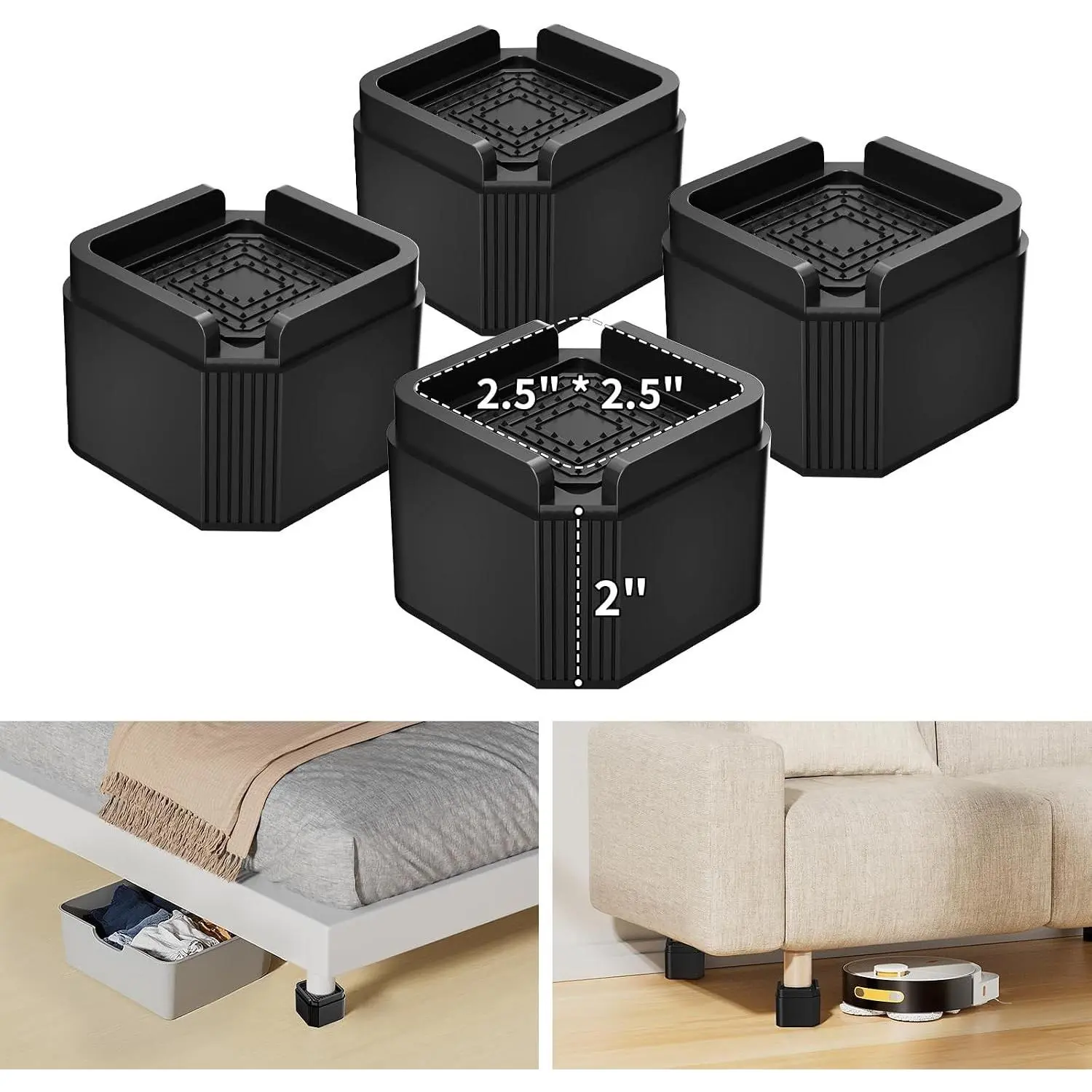 4 Pack Furniture Risers Adjustable Bed Risers 2 Inch, Square Bed Lifts Risers Heavy Duty Bed Risers Stackable Risers for Bed, Sofa, Desk, Table, Dresser, Couch Supports up to 2000 Lbs