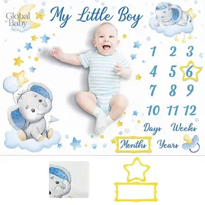 Baby Monthly Milestone Blanket, Newborn Baby's First Full Moon Elephant Numbers Soft Growth Blanket Baby Shower Photo Booth Prop