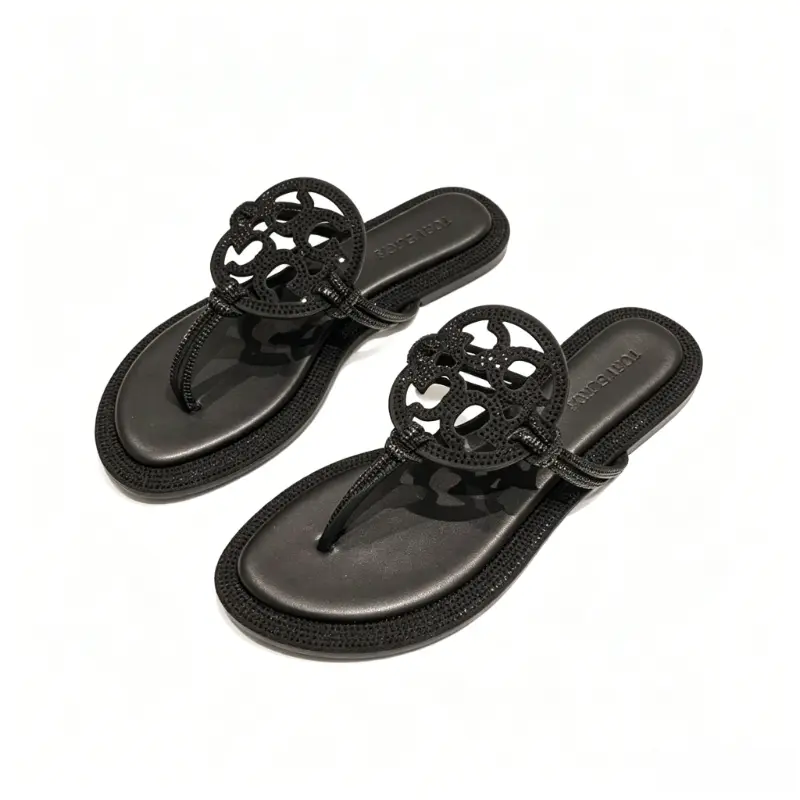 Women's Sparkly Rhinestone Thong Shoes - Black Synthetic Slip-On Open-Toe Comfy Strappy Footwear with Hollow-Out Cutouts, Elegant Fashionable Daily Fashion Beach Home Sandals for Beach, Outdoors
