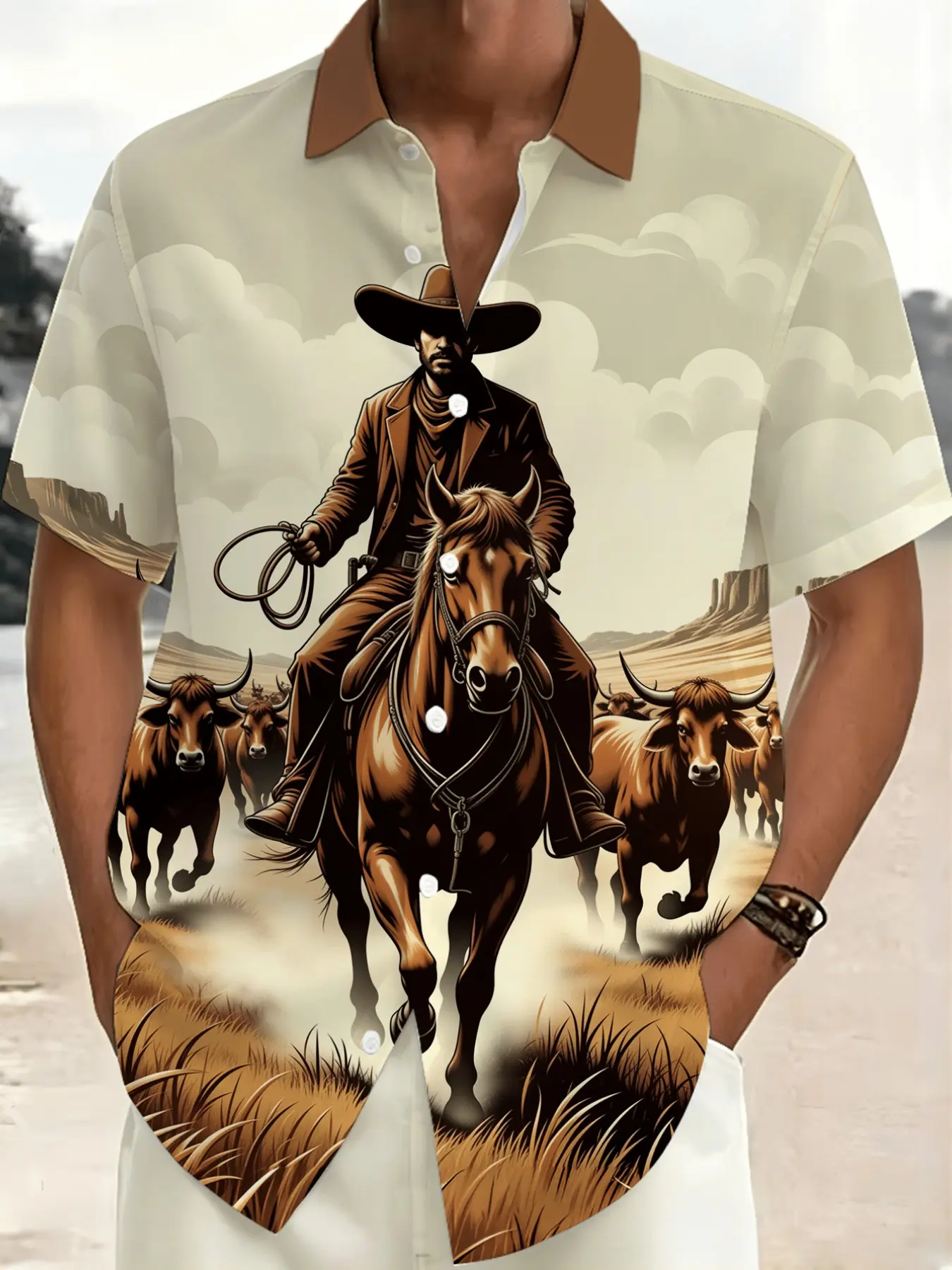 American Wild Cowboy Longhorn Desert Cloudscape Digital Print Short Sleeve Shirt, Men's Vintage Outdoor Casual Floral Blouse