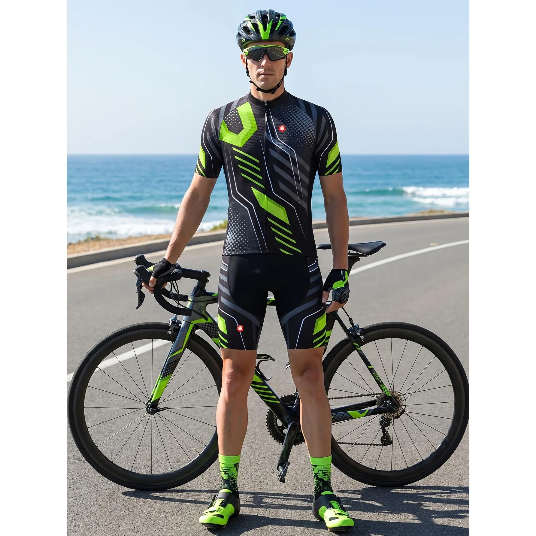 Men's fluorescent green geometric-patterned comfortable cycling set, featuring a breathable bike vest and quick-drying compression shorts with three back pockets and 20D thick padding liner