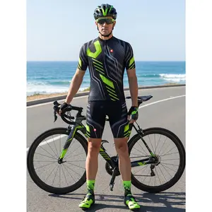 2026 Comfortable Geometric Print Cycling Suit Set, Fluorescent Green Men's Breathable Cycling Jersey with Three Back Pockets, Quick-Dry Bike Shorts with 20D Chamois