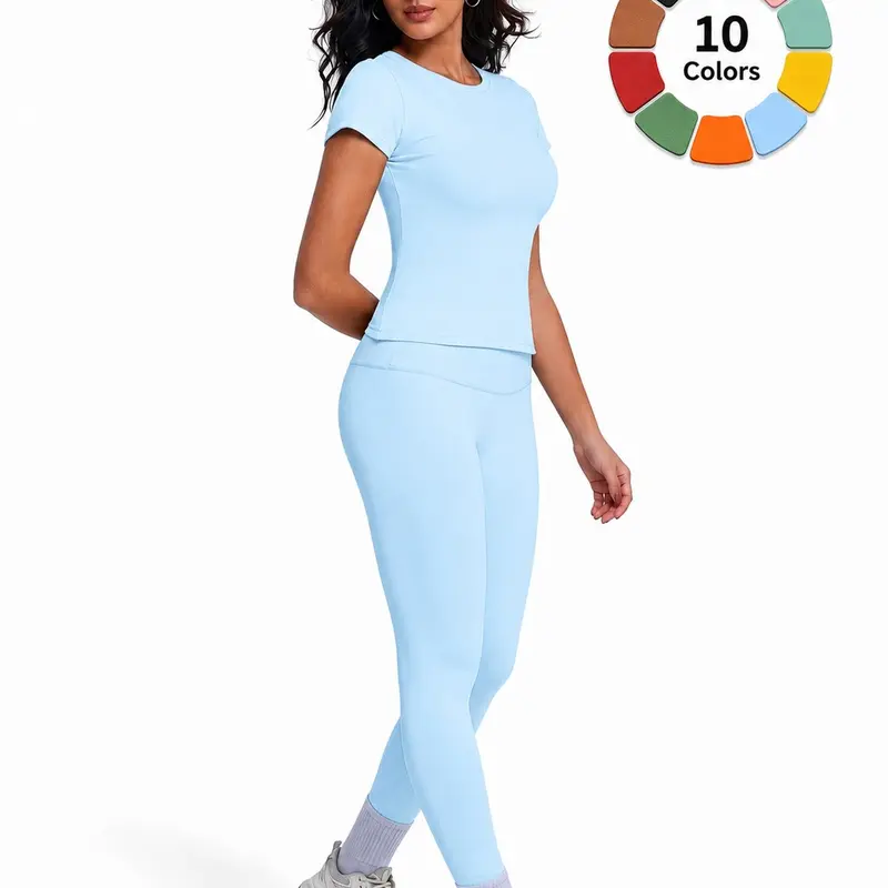 Plain Color Yoga Set, Fitness Activewear, Gym Workout Clothes, Quick-Dry and Breathable High Waisted Athletic Pants, Sportswear for All Seasons, Short Sleeve Top and Long Pants, High Stretch Sporty, Stretchy Activewear