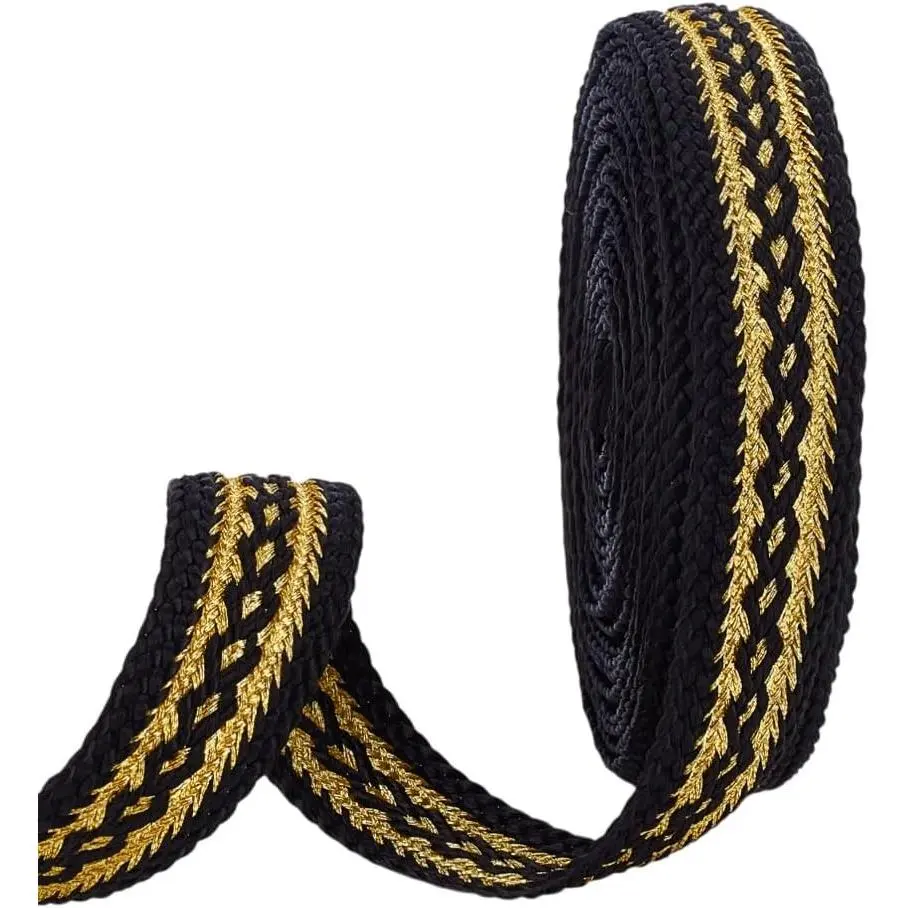 5 Yards Ethnic Gimp Braid Trim, 3/4Inch Wide Polyester Jacquard Ribbon Trim with Gold Jacquard, Boho Embroidered Vintage Woven Ribbon for Cloth DIY Crafts Sewing Jewelry Making Decor, Black