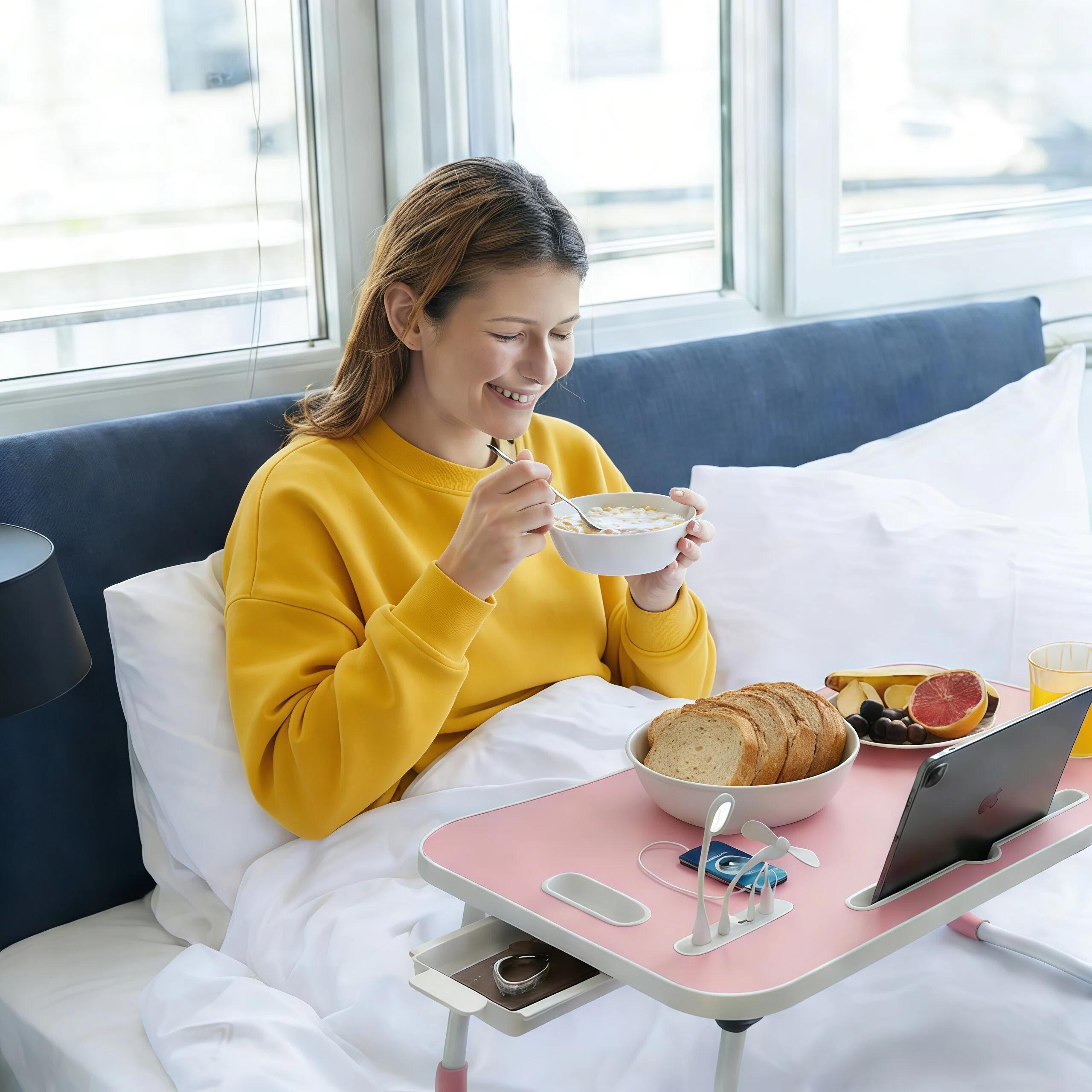 Foldable Laptop Table for Bed - Portable Adjustable Desk with Cup Holder,USB Charging Ports & Storage Drawer - Multi-Function Laptop Tray for Sofa,Floor & Outdoor Use
