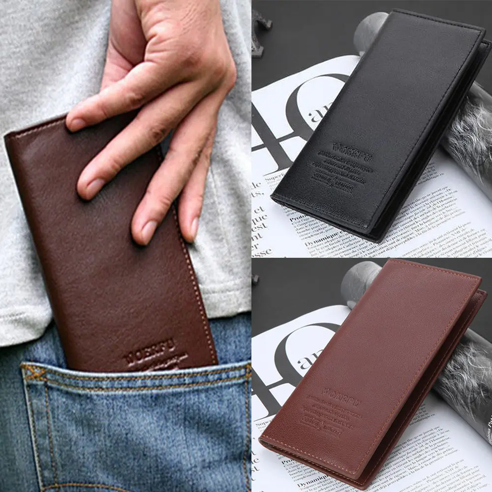 Classic Plain Men's Bifold Wallet, Slim Long Faux Leather Design with Multiple Card Holders and Zipper Pocket for Business Travel, Mens Wallet, Long Wallet, Men's Wallet