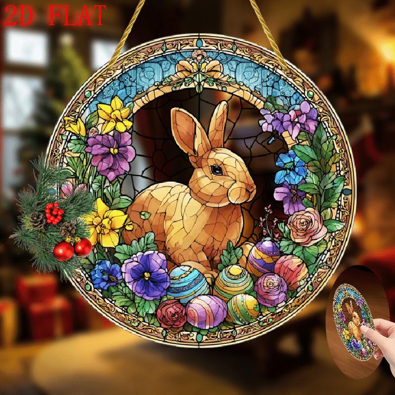 2D Flat, 1pc Bohemian Stained Glass-Style Easter Bunny & Floral Suncatcher Round Acrylic Window Hanging with & Tulip Patterns, Easter Decor, Garden Ornament, Housewarming Gift