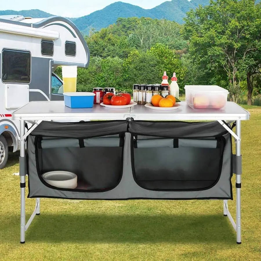 Camping Kitchen Table, Quick Set-Up Folding Camping Table With A Carrying Bag, 3 Adjustable Heights, MDF Camping Table, Ideal For Outdoor Picnics, BBQs, Camping, RV Traveling