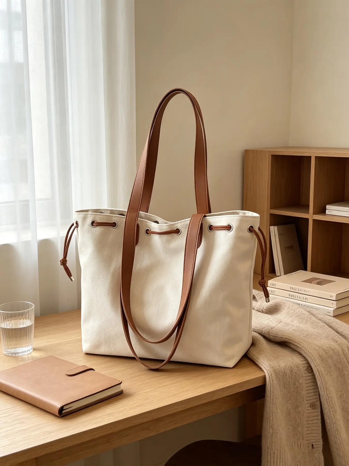 Canvas Drawstring Tote Bag, Vintage Leather Long Handle, Large Capacity Commuter, Simple Shoulder Bag, Casual Fabric Bag