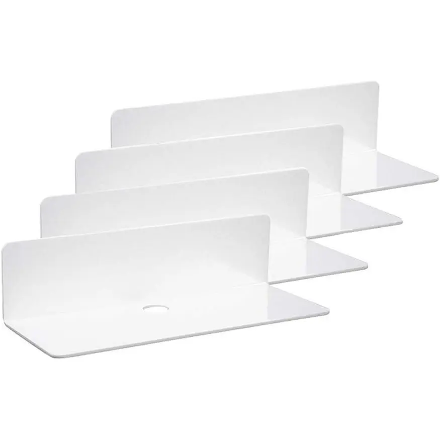 IEEK 9 Inch Acrylic Floating Shelves Set of 4,Small Wall Display Shelf for Bluetooth Speakers/Security Cameras/Nintendo Switch/Action Figures,Damage-Free Wall Shelves Stick-On Shelf,White