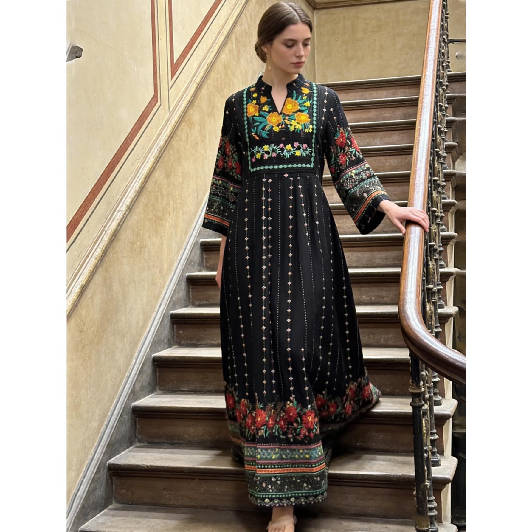 Vintage Boho Floral Embroidered Maxi Dress Elegant Ethnic Chic Gown | Standard & Plus Size S-4XL | Perfect for Evening Dinner, Festivals & Special Occasions