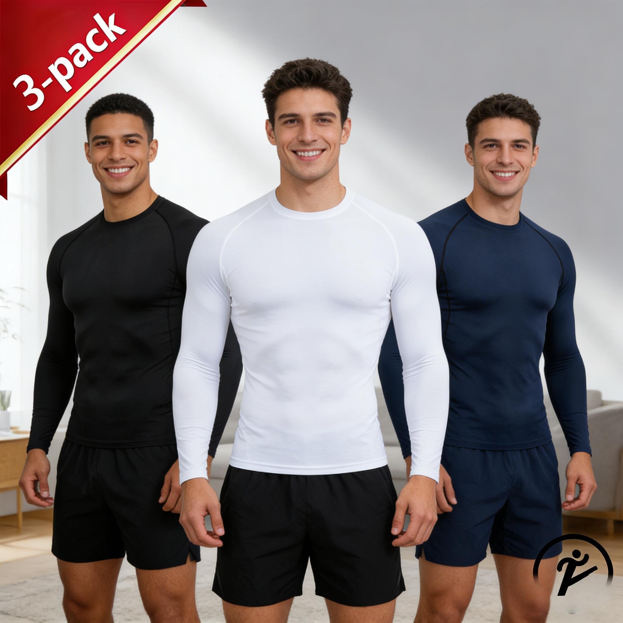 3 Pack Men's Compression Long Sleeve Shirts Quick Dry Moisture Wicking Gym Workout Tops