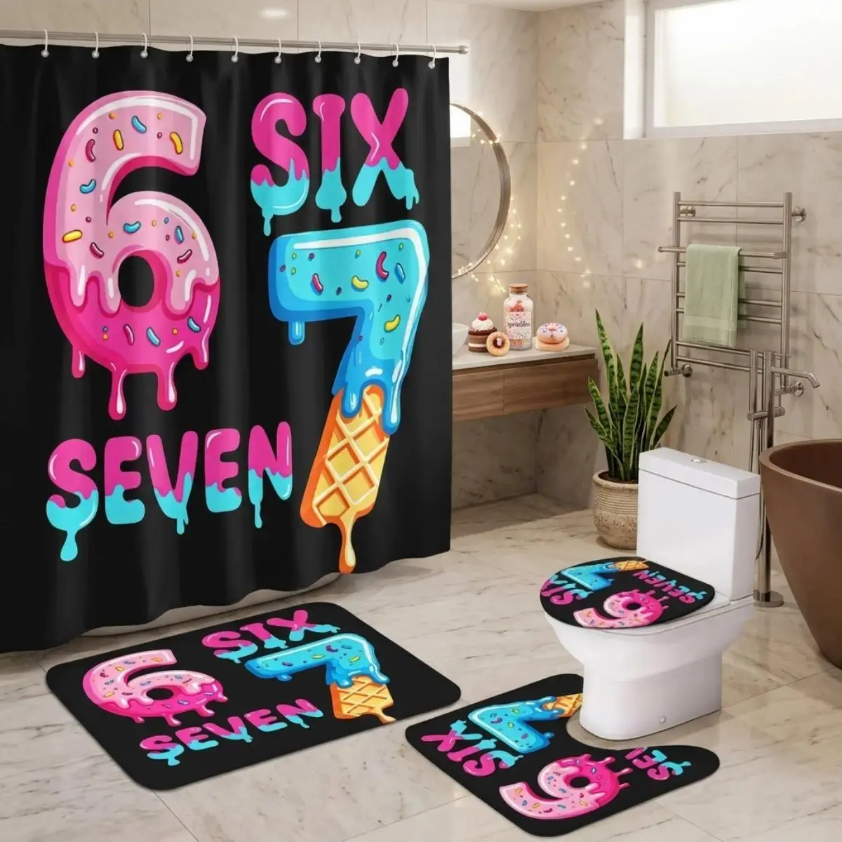 1/4pcs Neon Donut Drip Shower Curtain Set, Pink Blue Candy Sweet Pattern Bath Mat Toilet Cover & Lid Cover, TikTok Hot Style Holiday Party Vibes, Six Seven Ice Cream Scoop Theme Bathroom Decor