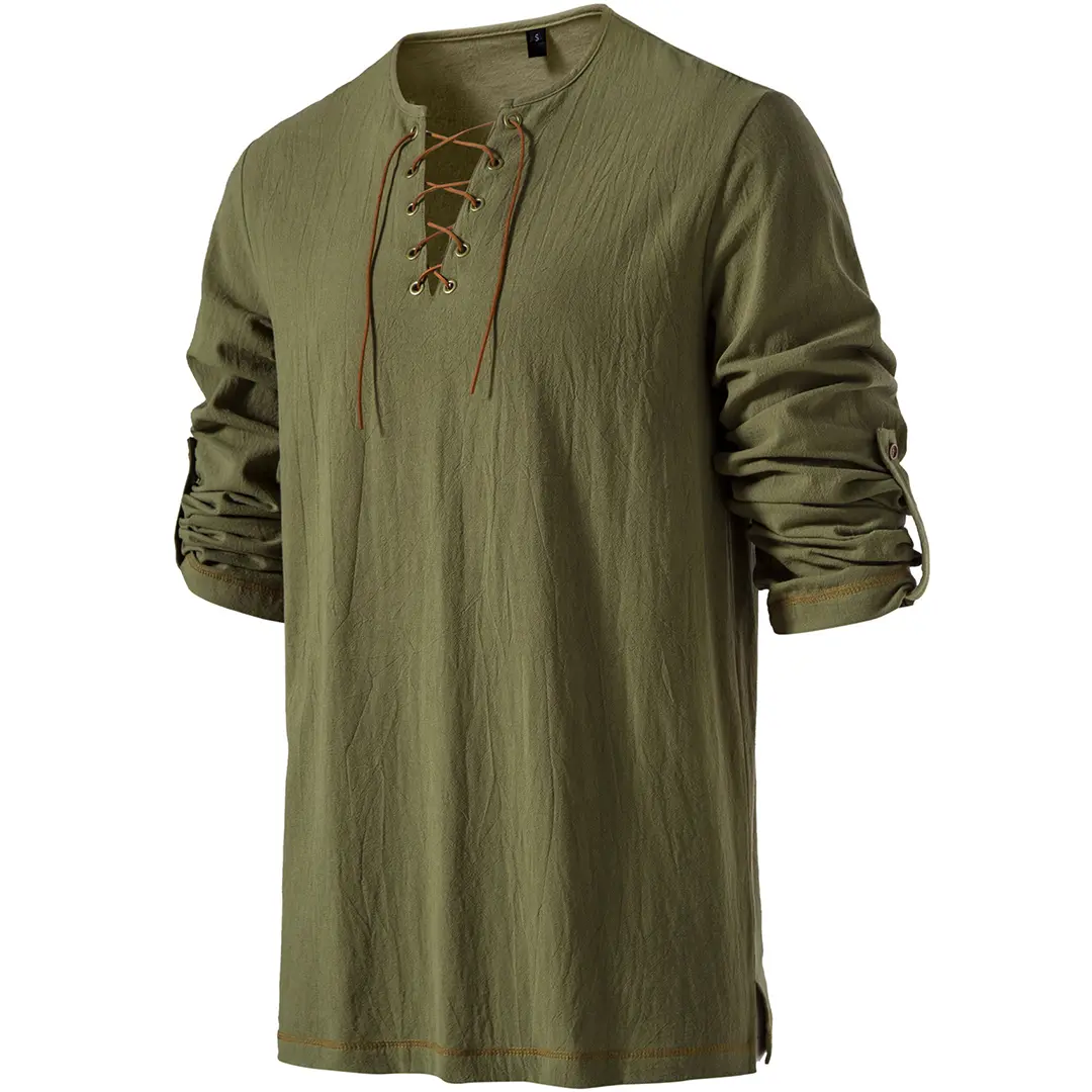 JEMITOP Men's Cotton Tunic Shirt, Vintage Plain Lace-Up V-Neck Top with Side Slits for Renaissance Pirate Medieval Costume, Menswear, Clothes
