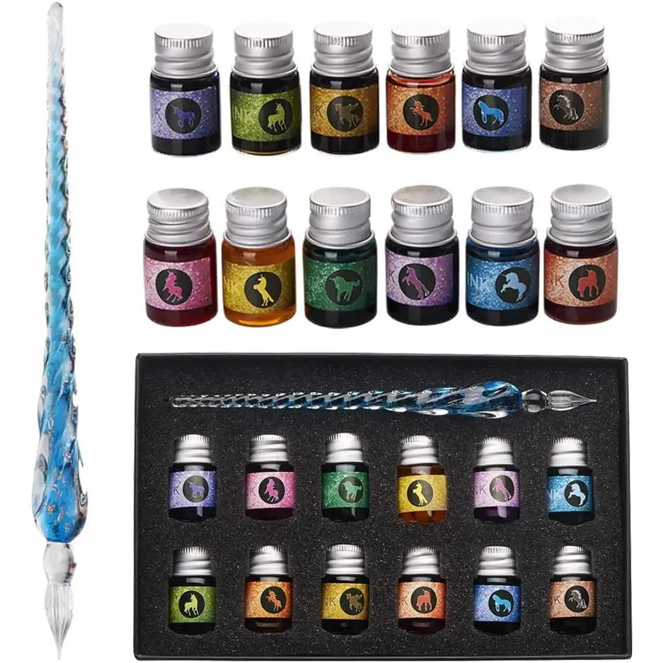 Ma-13 Glass Dipped Calligraphy Pen Ink Kit, Office Stationery Writing Tool with 12 Color India Ink for Beginners, Art & Signatures, Ma-13 Kit