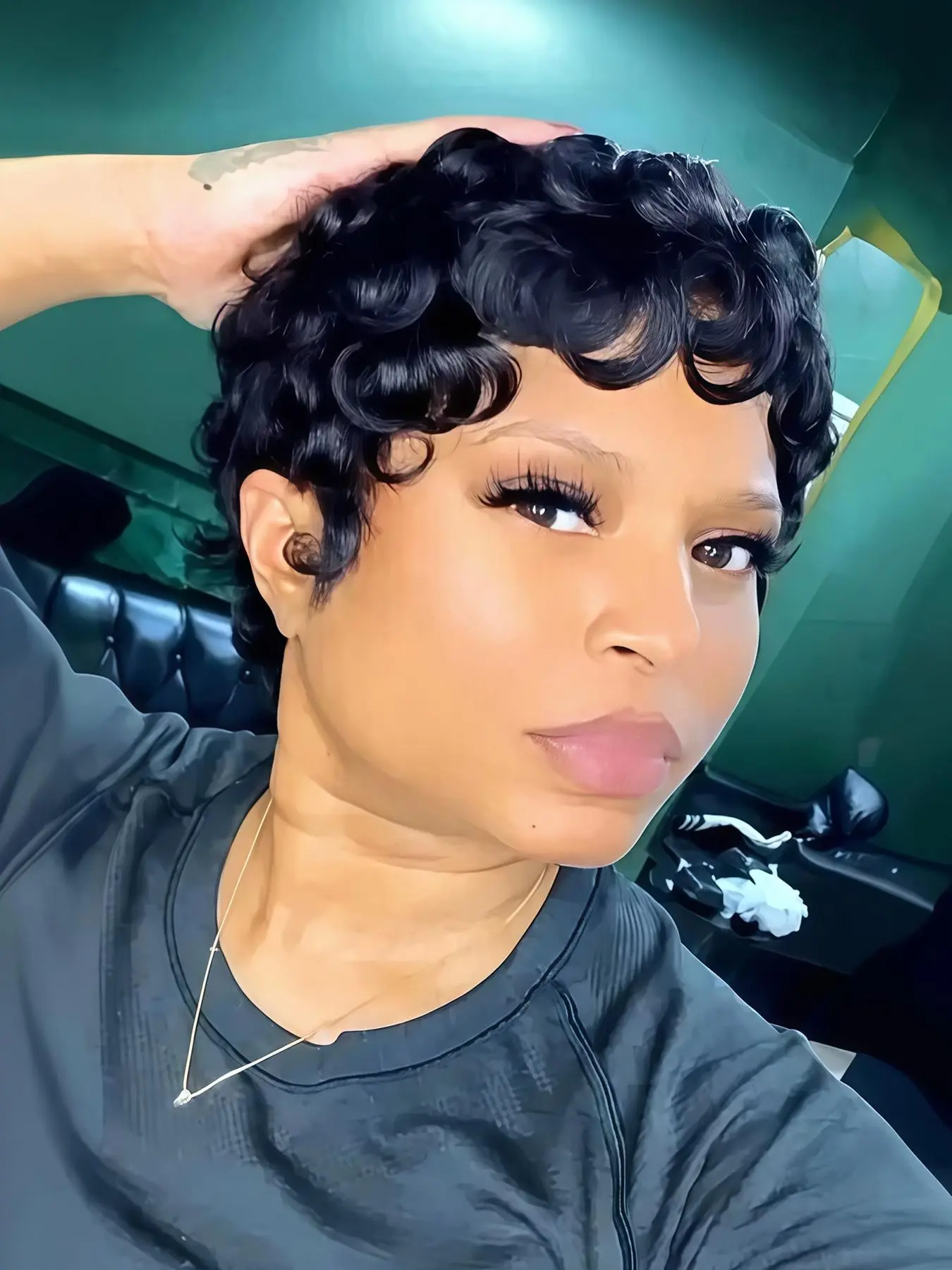 Black Short Curly Pixie Wigs With Bangs For Women Natural Looking Heat Resistant Synthetic Fiber Full Wig Daily Wear