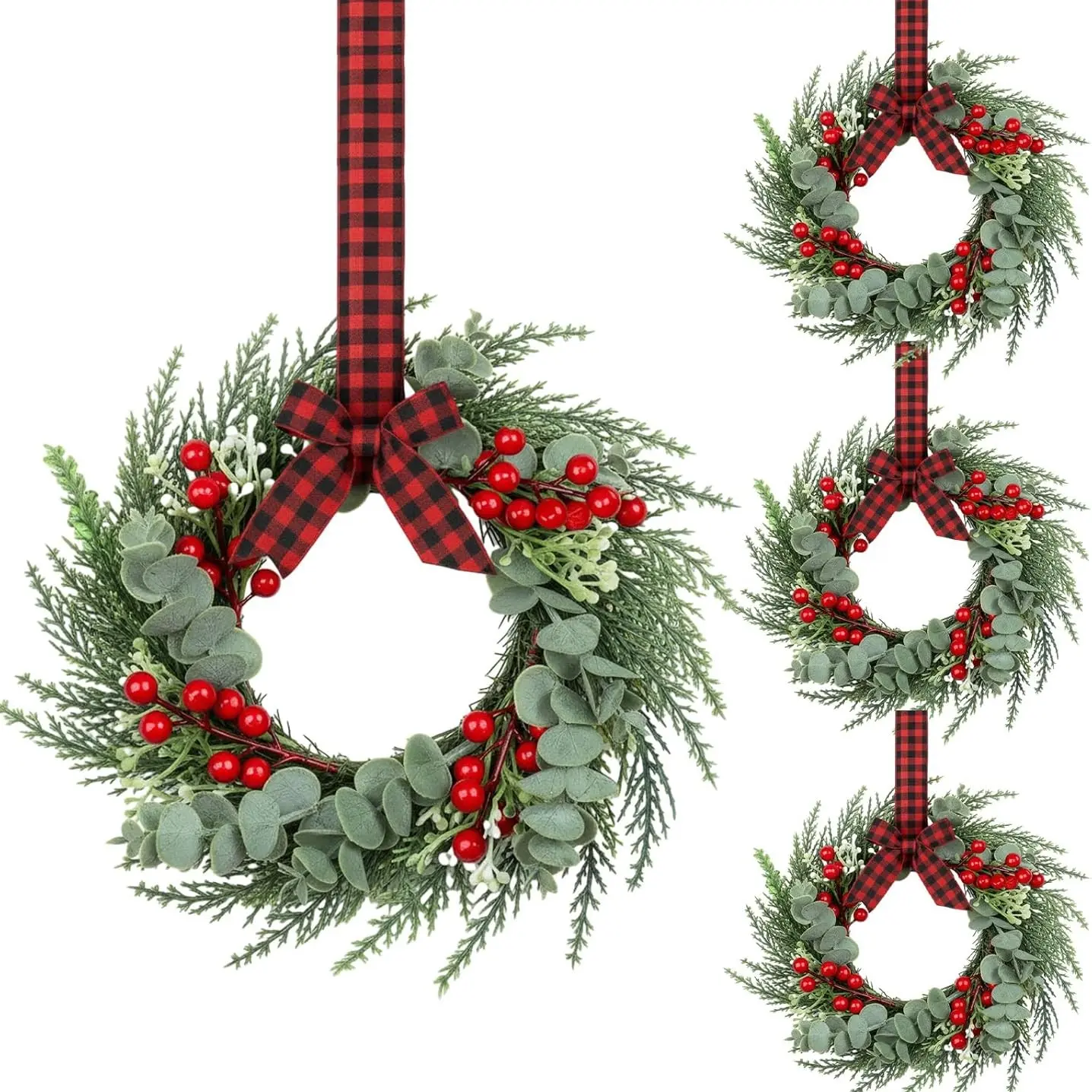 4 Mini Christmas Wreaths, Artificial Hanging, 9-Inch Kitchen Decor, Berry & Plaid Bow, Farmhouse Style, Holiday Party Decoration, Elegant Design Ornaments