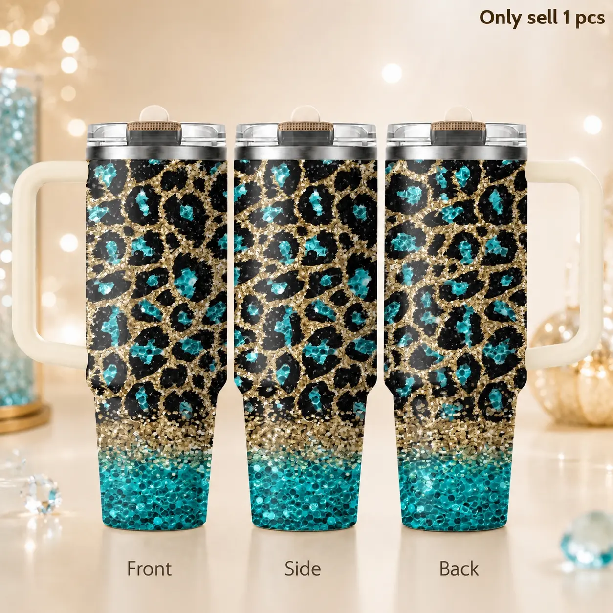 Pink Glitter Leopard 40oz Tumbler – Sparkly Animal Print Stainless Steel Insulated Travel Cup with Handle & Straw Lid, Portable for Coffee, Water, Office, Gym, Car, Trendy Gift for Her