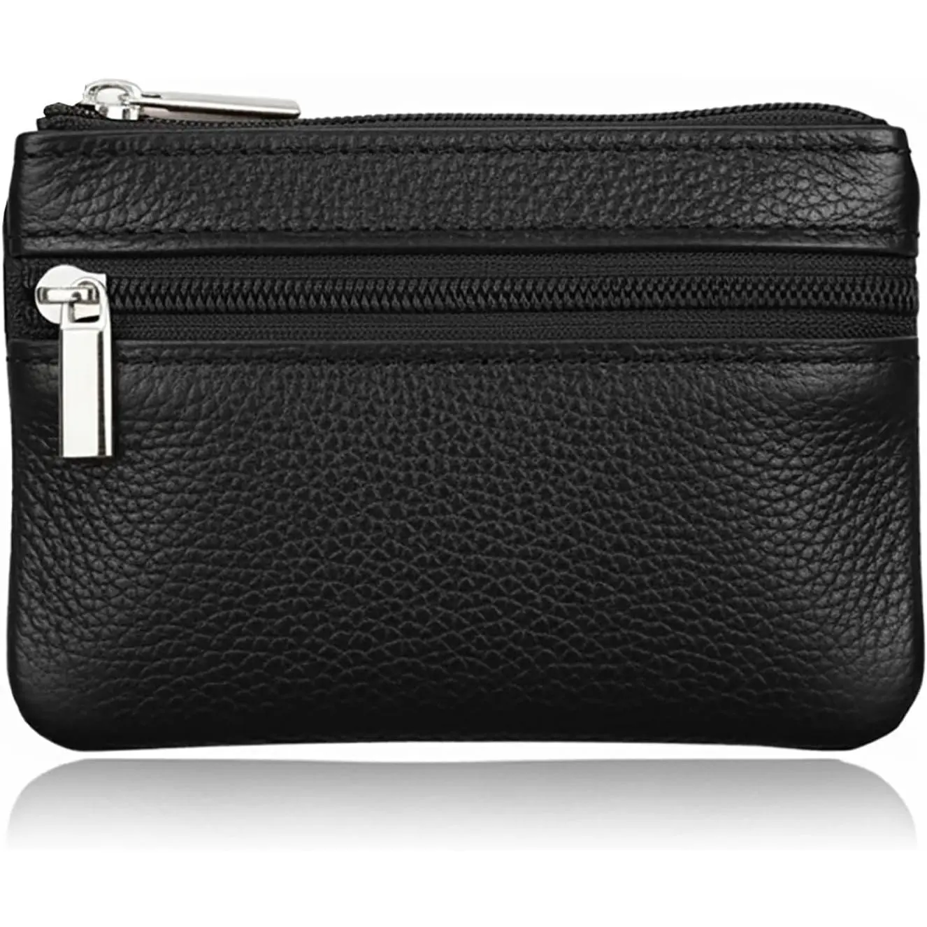 Black Small Mini Size Leather  Purse Change Pouch for Women Men  with Zip Key Ring