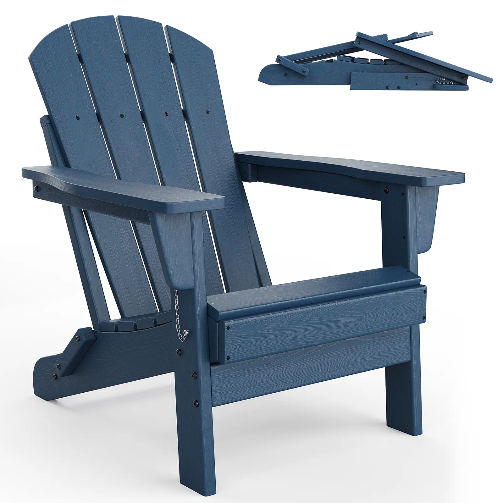 All-Weather Folding Adirondack Chair Set – HDPE Plastic Outdoor Patio Chairs with Wood Texture, Rainproof, Cup Holder & Side Table – Sturdy for Lawn, Garden, Deck, Fire Pit – Navy Blue, Easy Assembly