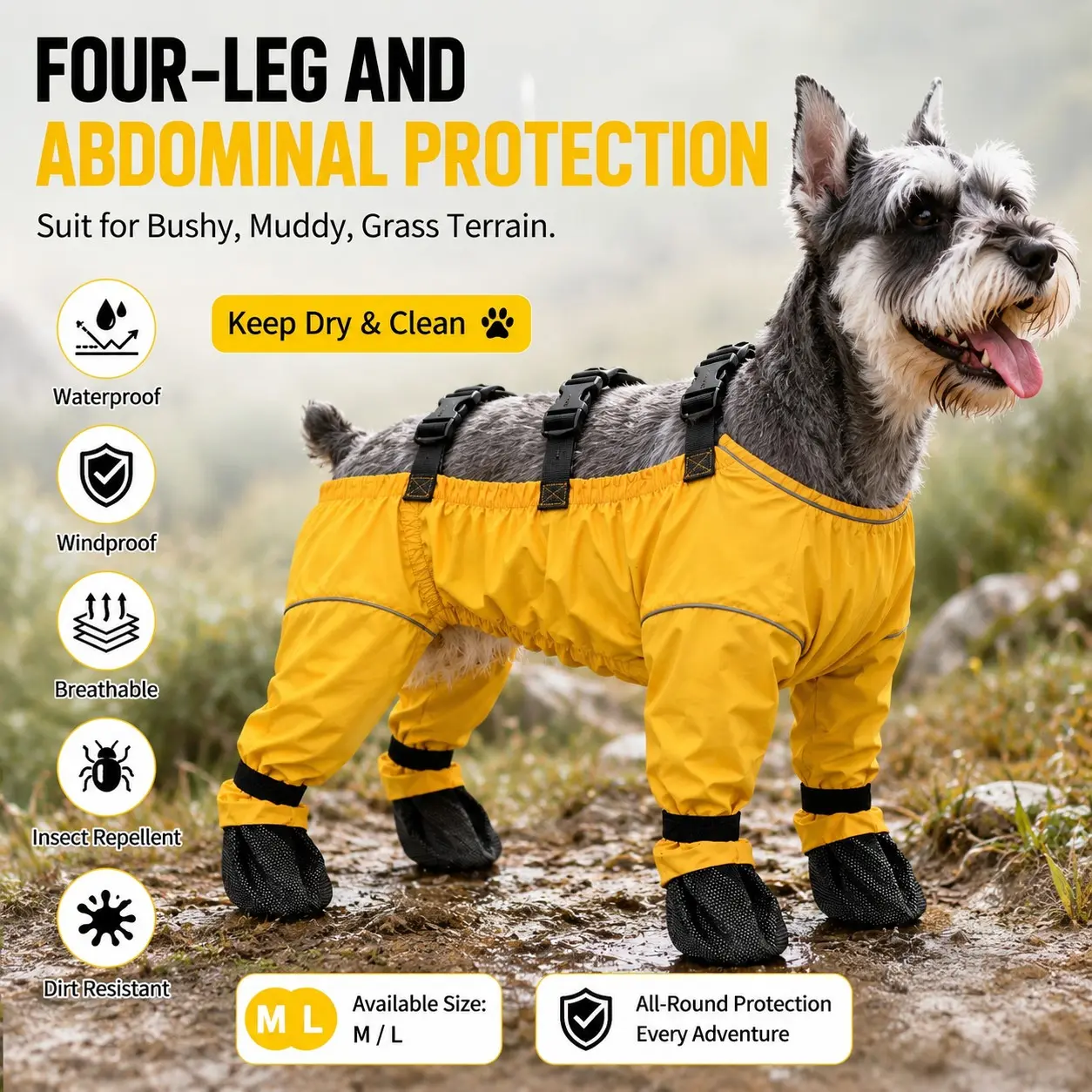 Dog Protection Suit for Bushy, Muddy, Grass Terrain, Lightweight Fabric, Four-Leg and Abdominal Protection, Outdoor Activity Gear