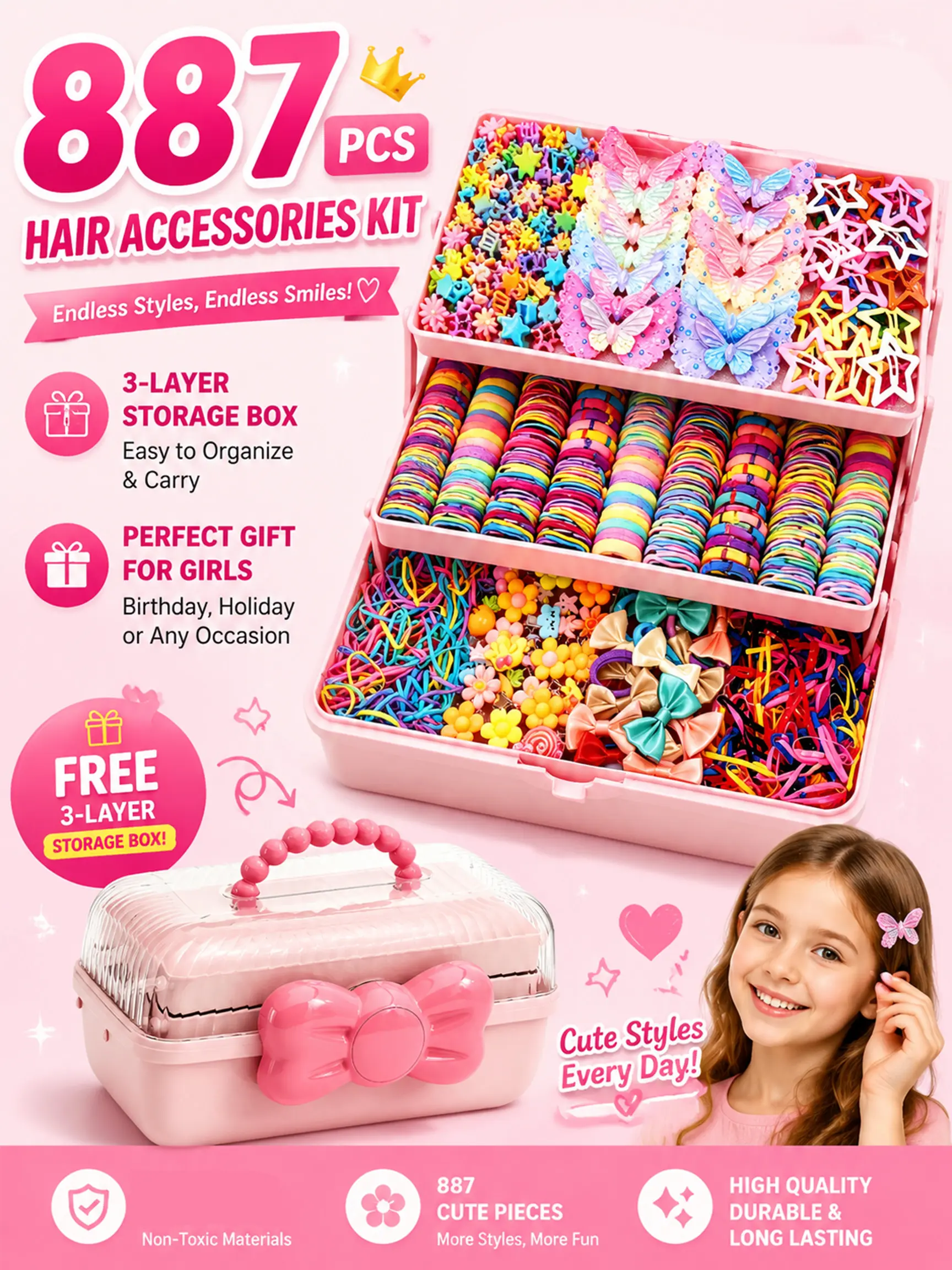 887pcs/set rainbow hair accessory set, paired with a three-layer bowknot handheld storage box, includes butterfly, star, and flower hair clips, multicolor towel hair ties, disposable elastics, full hair accessory gift box for little girls, a perfect gift