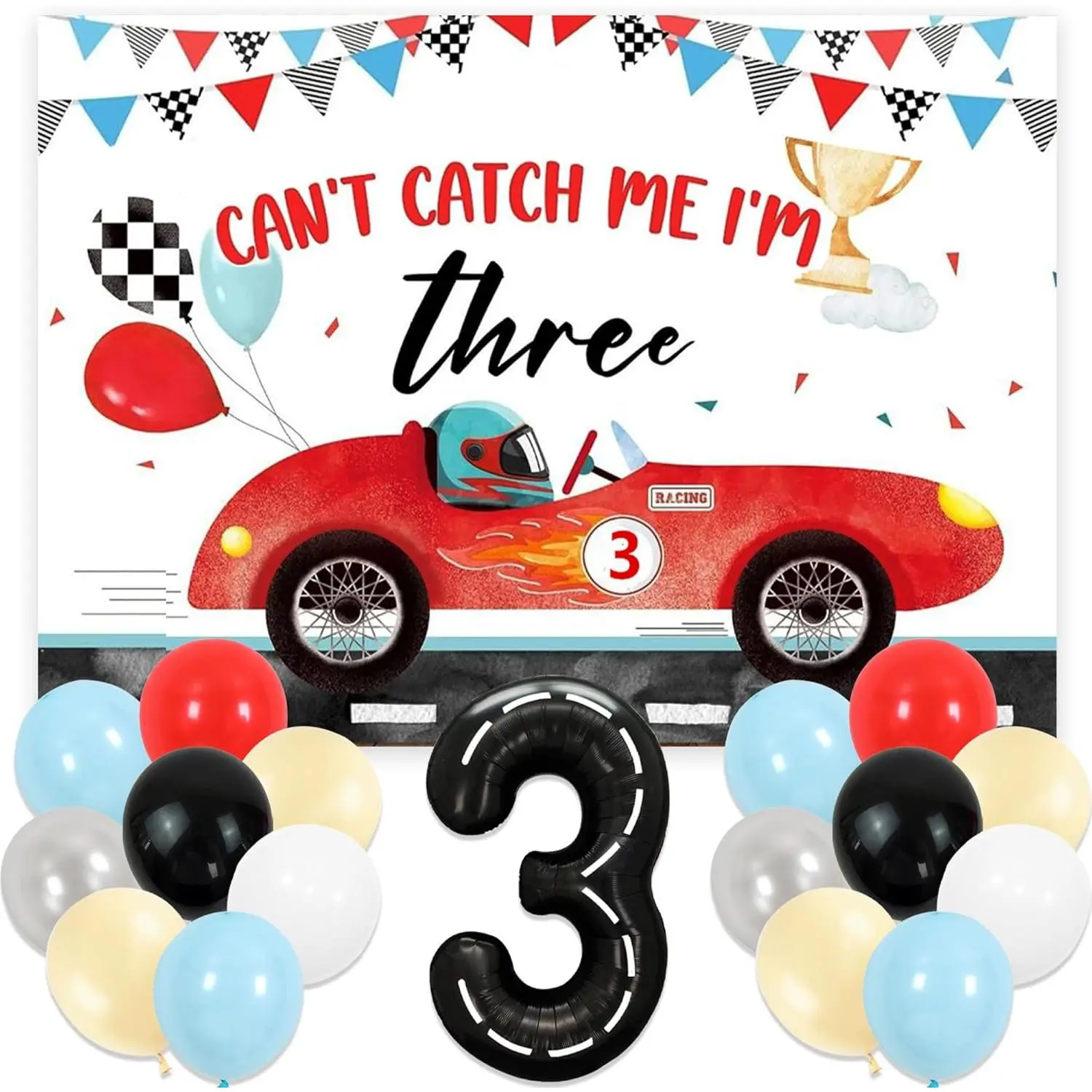3rd Birthday Decorations for Boys, "Can't Catch Me I'm 3" Themed Party Supplies - Cars Decor, Backdrop, Balloons (Festive Home Party Essentials)