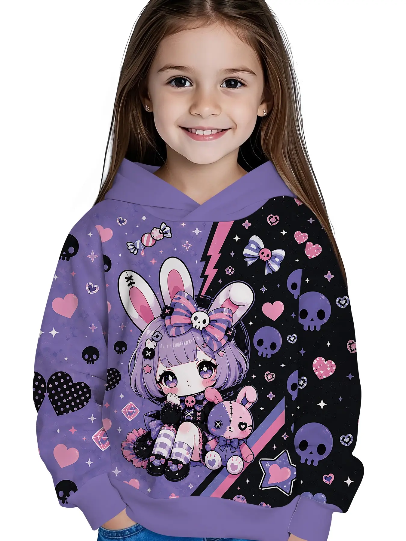 Girls' Hoodie, Sweet and Cool Purple-Black Bunny Print for Teen Girls, Dark Cute Girls' Hoodie with Digital Print, Loose Casual Versatile Top, Suitable for Daily School Wear and Trips, Trendy All-Match Gift for Girls