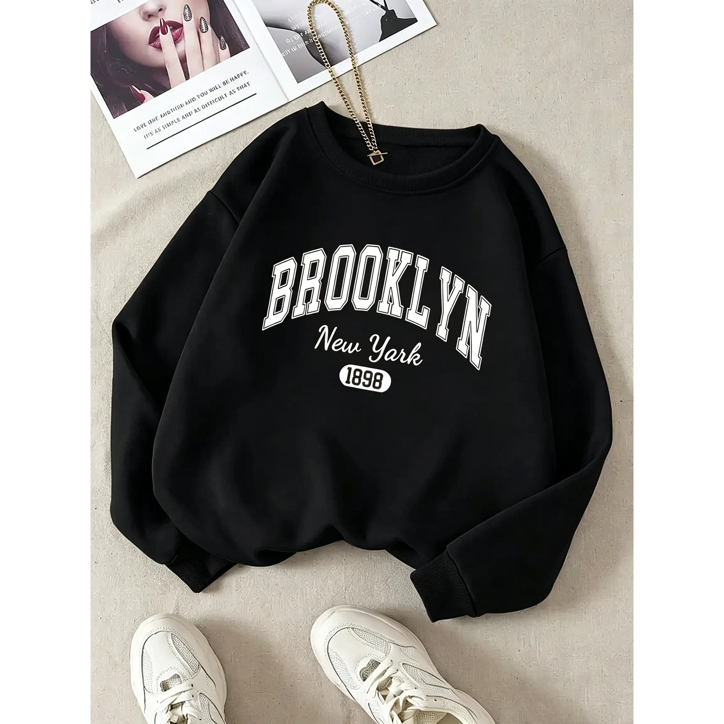 Women'S Letter Brooklyn Pattern Print Fashion Round Neck Sweatshirt Long Sleeve Round Neck Sweatshirt