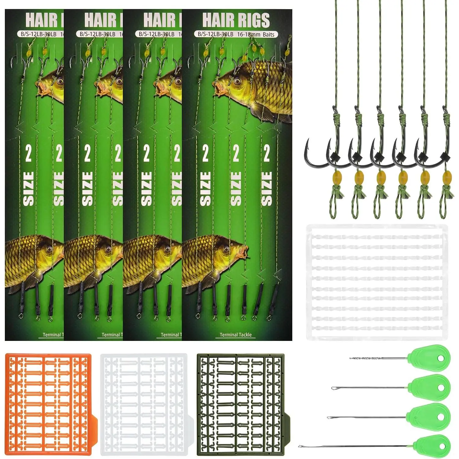 Carp Fishing Hair  Kits,26pcs/30pcs Sets Curved Barbed Carp Hook Swivel Boilies  Stops and Stringers  Fishing  Rigs Braided Thread Line Carps Fishing Accessories