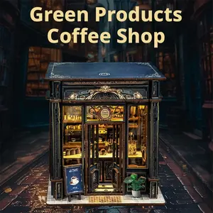 New Green Crystal Coffee Shop DIY Wooden 3D Puzzle Handmade Bookend Miniature Model toy gift decorative book nook kit house building classic design bookshelf decor journal planner alley build chinese feng shui hot dish custom wood burning