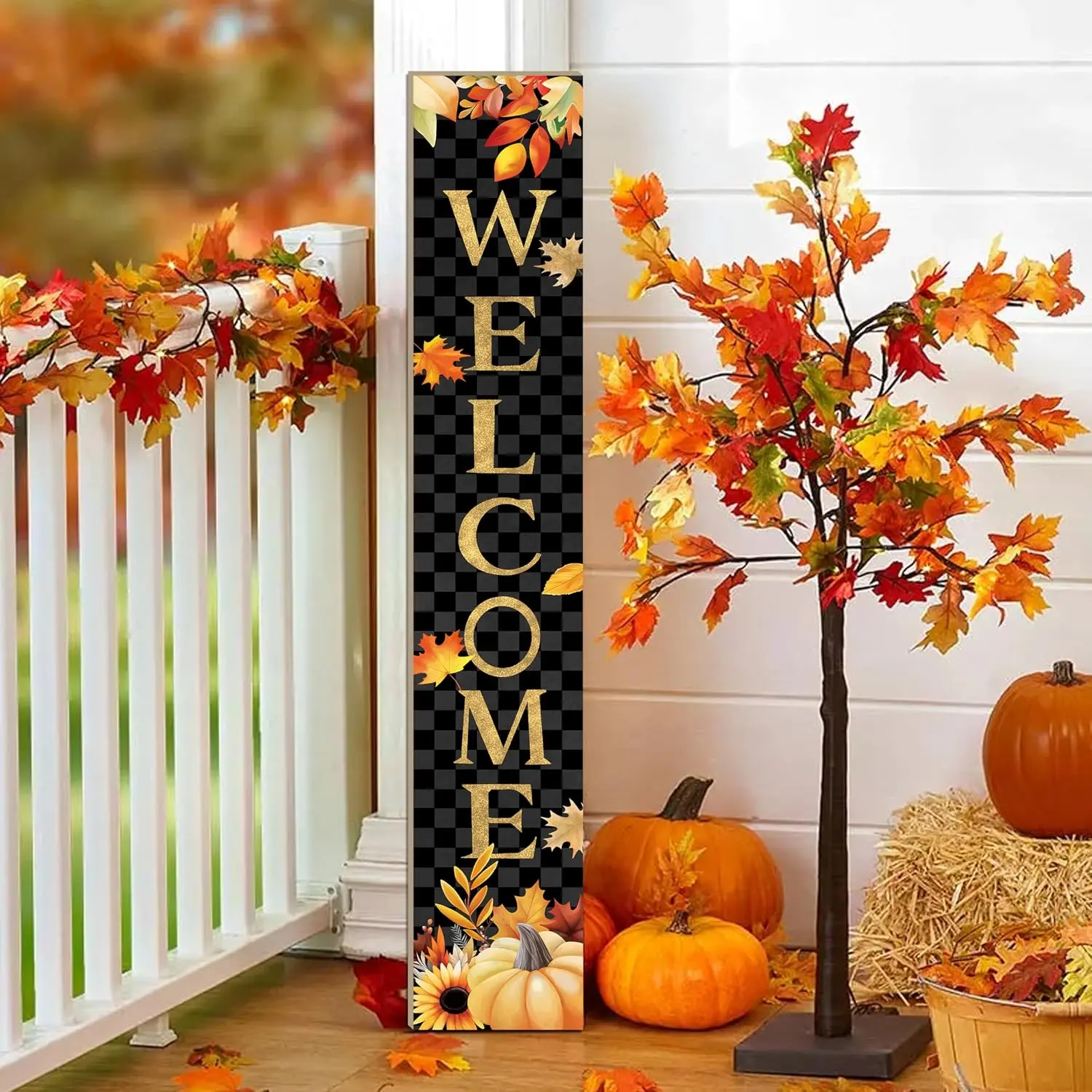 Fall Wooden Porch Sign " Autumn Pumpkin Maple Leaf Front Door Welcome Sign Vertical Standing Sign For Garden  Yard  Thanksgiving Decor