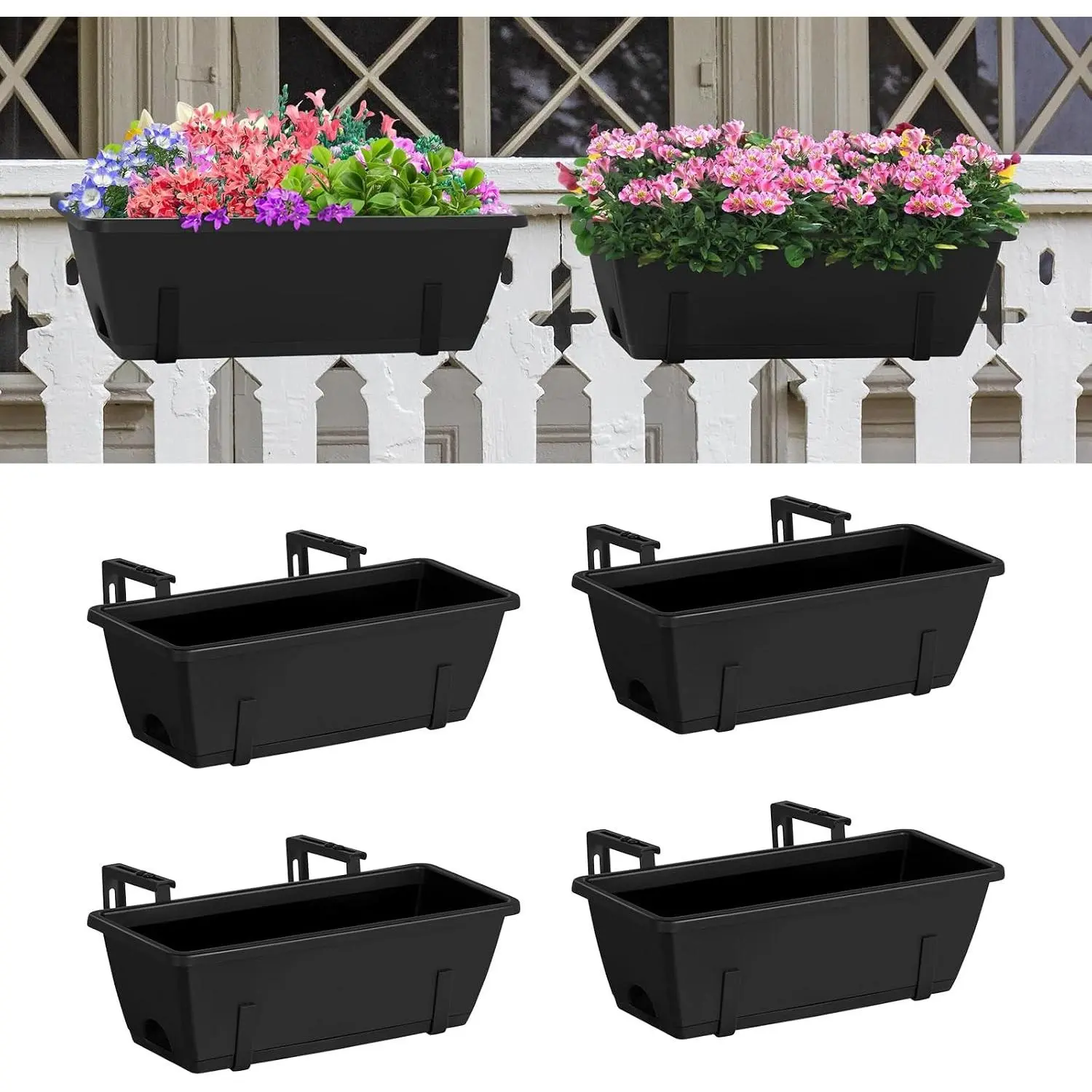 Railing Planter Box 4 Pack Window Boxes Planter with Adjustable Brackets 16.9 Inches Deck Railing Hanging Flower Boxes Black Balcony Planters Fence Hanging Planters for Outdoor