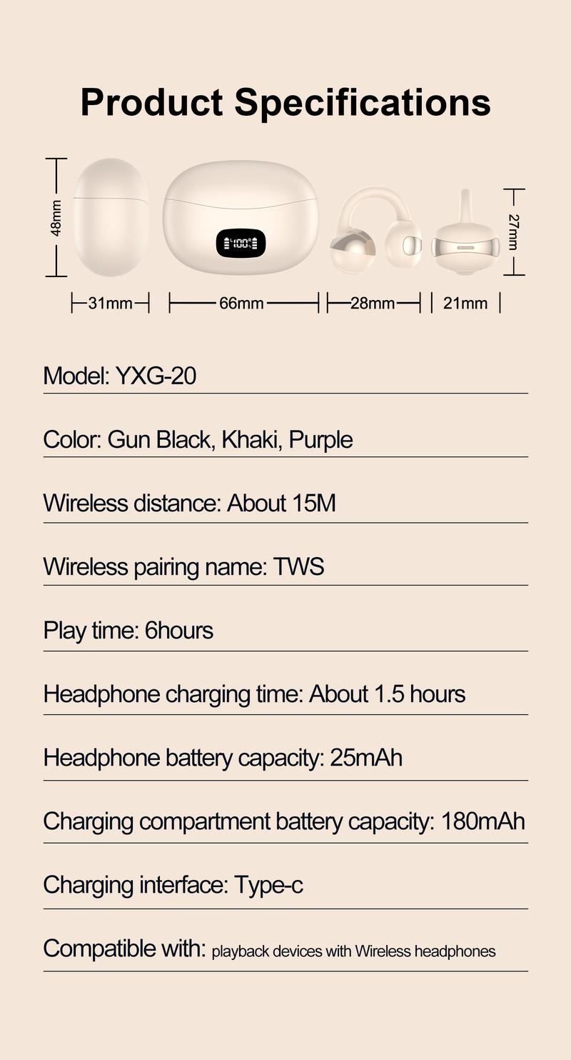 Fluffdrip New YXG-20 Ear Cuff Earphones, 6H Single Playtime (20H+ with Case), All-Day Comfort Clip-On Design, LED Power Display