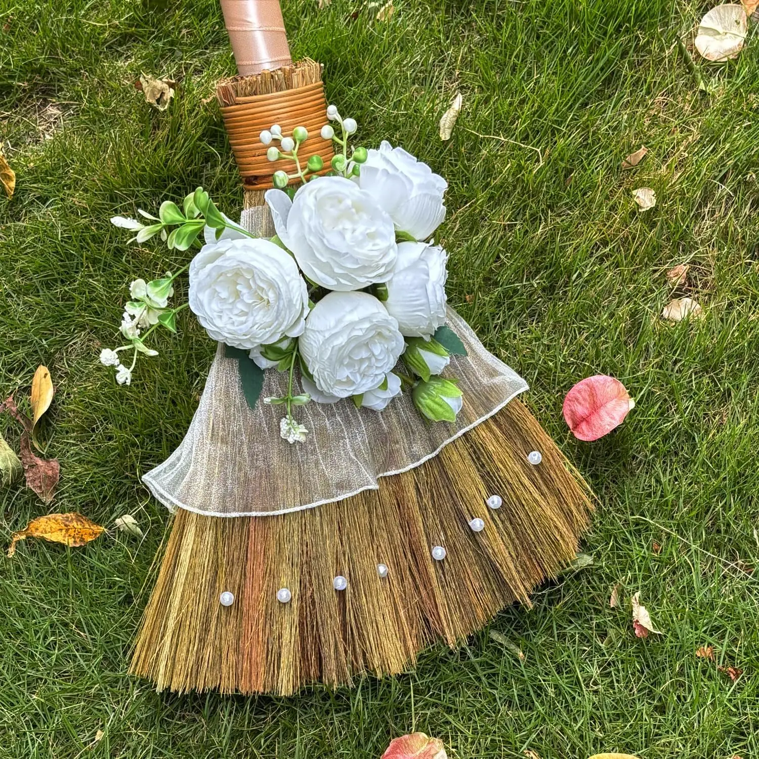 DIY Wedding Broom for Bride and Bridegroom Jump Ritual, Whisk Broom with Ribbons, Simulated Roses, Pearls and Lace Cloth (Tent Accessory for Sports & Outdoor Camping & Hiking)