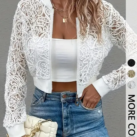 1 Spring Summer Sheer Knit Lace Cropped Bomber Jacket Women Outerwear | Full Zip Stand Collar Crochet Lace | Coquette Romantic Elegant Everyday Casual Style for Date Night Vacation Party