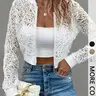 1 Spring Summer Sheer Knit Lace Cropped Bomber Jacket Women Outerwear | Full Zip Stand Collar Crochet Lace | Coquette Romantic Elegant Everyday Casual Style for Date Night Vacation Party