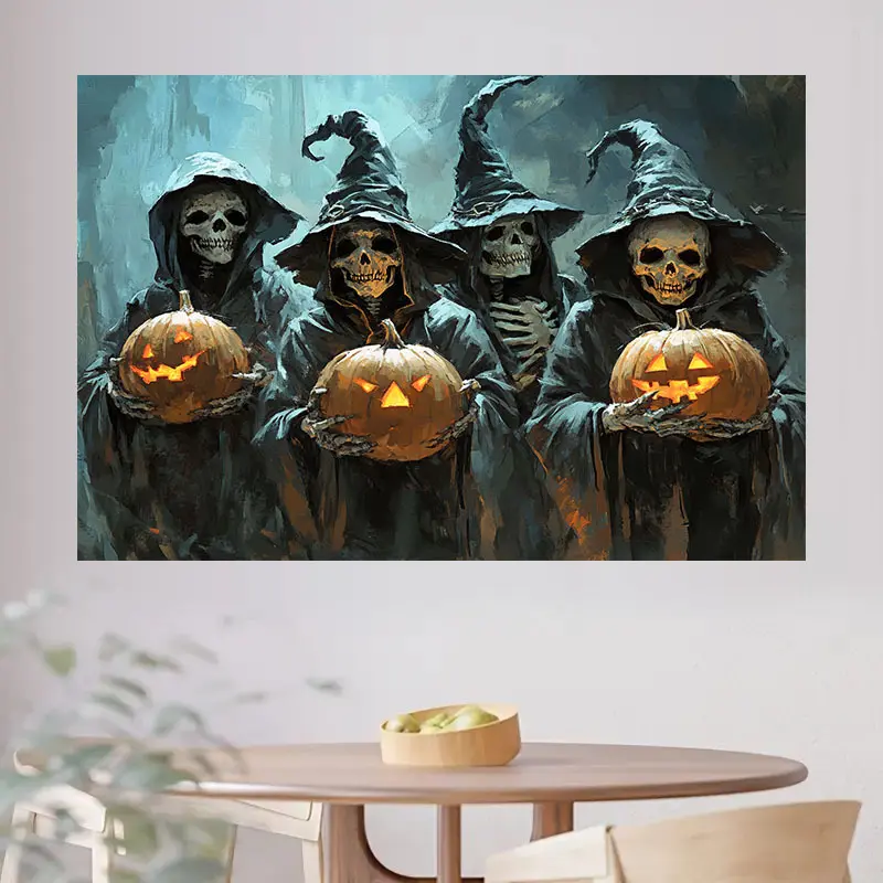 One "Essential Halloween Weird Background: The perfect combination of skulls and pumpkins creates a unique festive atmosphere, making your party the center of attention and enhancing the mystery of Halloween. kdj