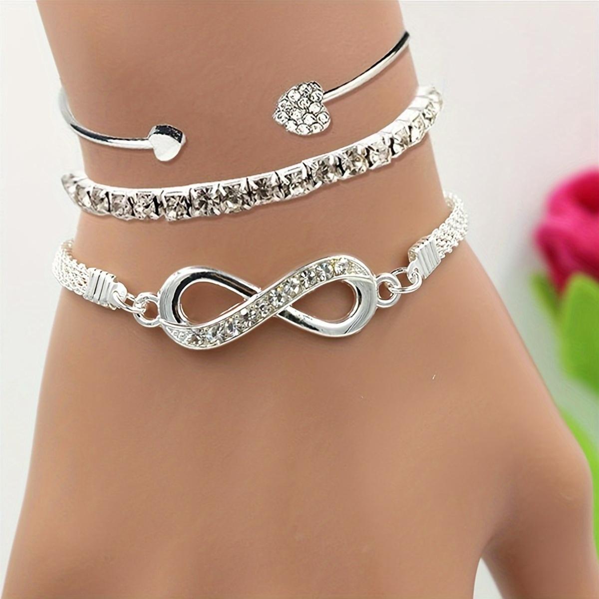 3 Pcs Vintage Elegant Rhinestone Bracelet Set - Adjustable Heart & Infinity Symbol Bangle, Stylish Alloy Open Cuff for Daily Wear & Gift Occasions