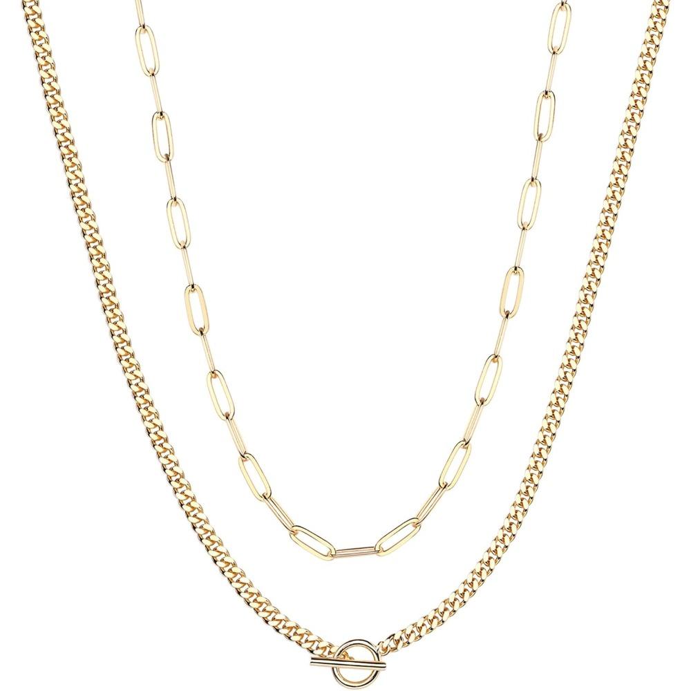 2PCS 14K Gold Plated Dainty Layering Necklaces for Women | Snake Chain, Curb Link, Paperclip Layered Chains | Trendy Layering Necklace