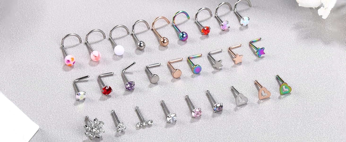 MILACOLATO 30counts Nose Rings Studs for Women Men 316L Stainless Steel Nose Piercings Jewelry 18G 20G Straight L Shaped Corkscrew Nose Rings Cubic Zirconia Nose Studs Hypoallergenic