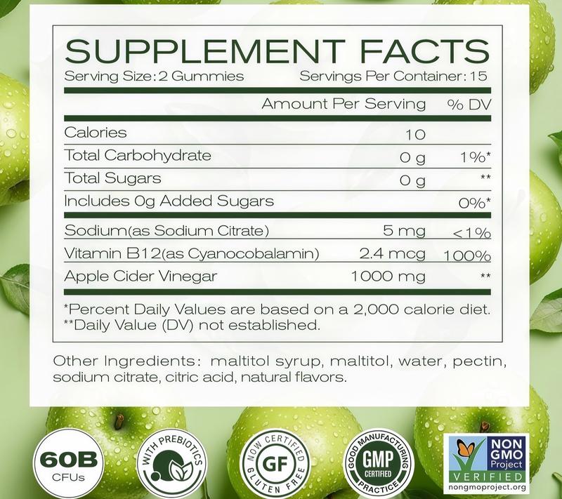 Apple cider Vinegar Gummy Energy and gut health edible dietary - Supports Digestion, Detoxification And Cleansing - B12 is an Edible Supplement