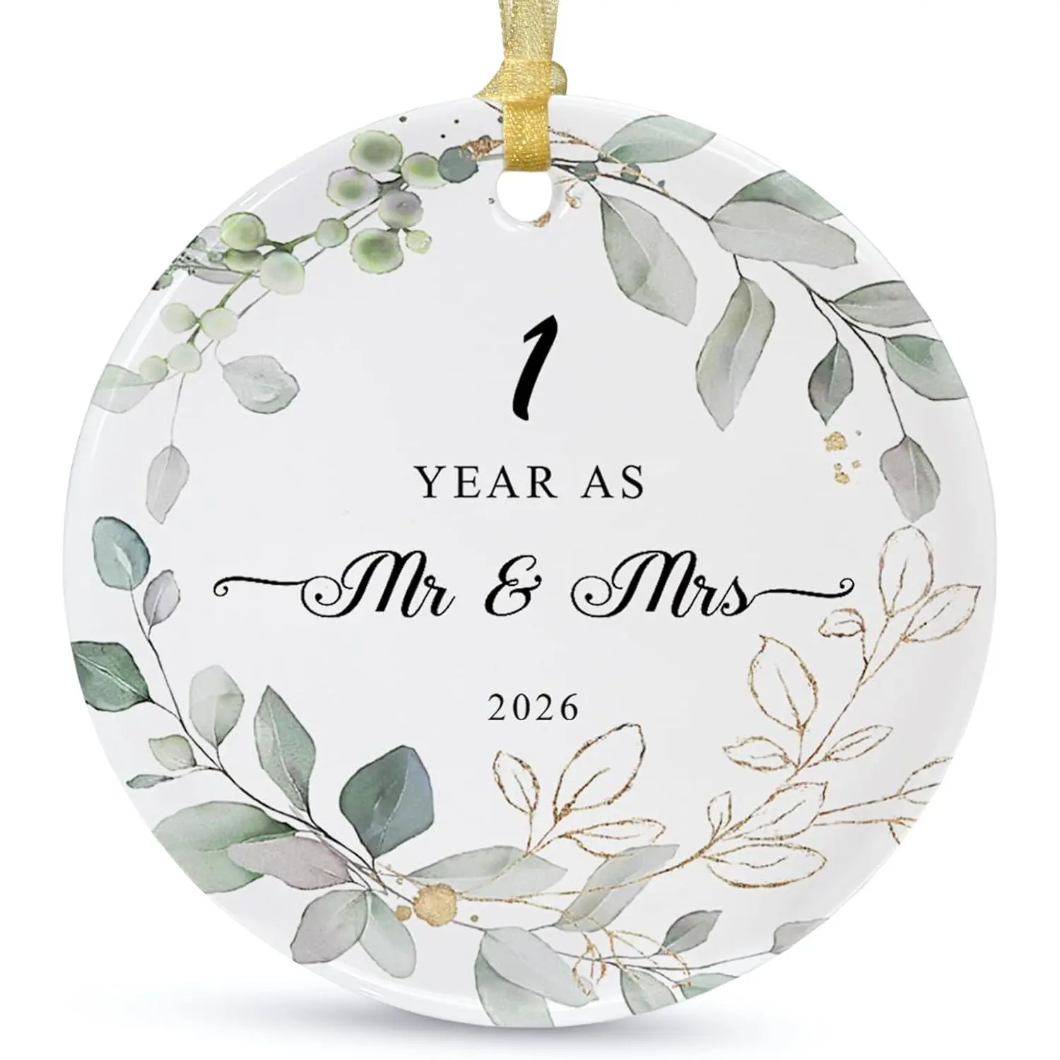 2026 Our First Christmas Married Ornament, Unique Wedding Gifts for Couples, 2.9" Round Ceramic Hanging Ornament for First Year Newlywed Mr and Mrs Christmas Decoration